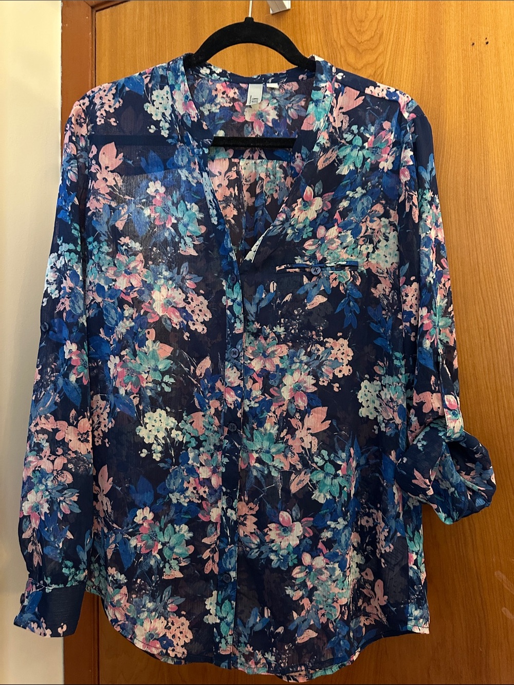 Kut from the Kloth Navy Floral Sheer Button-Up Blouse